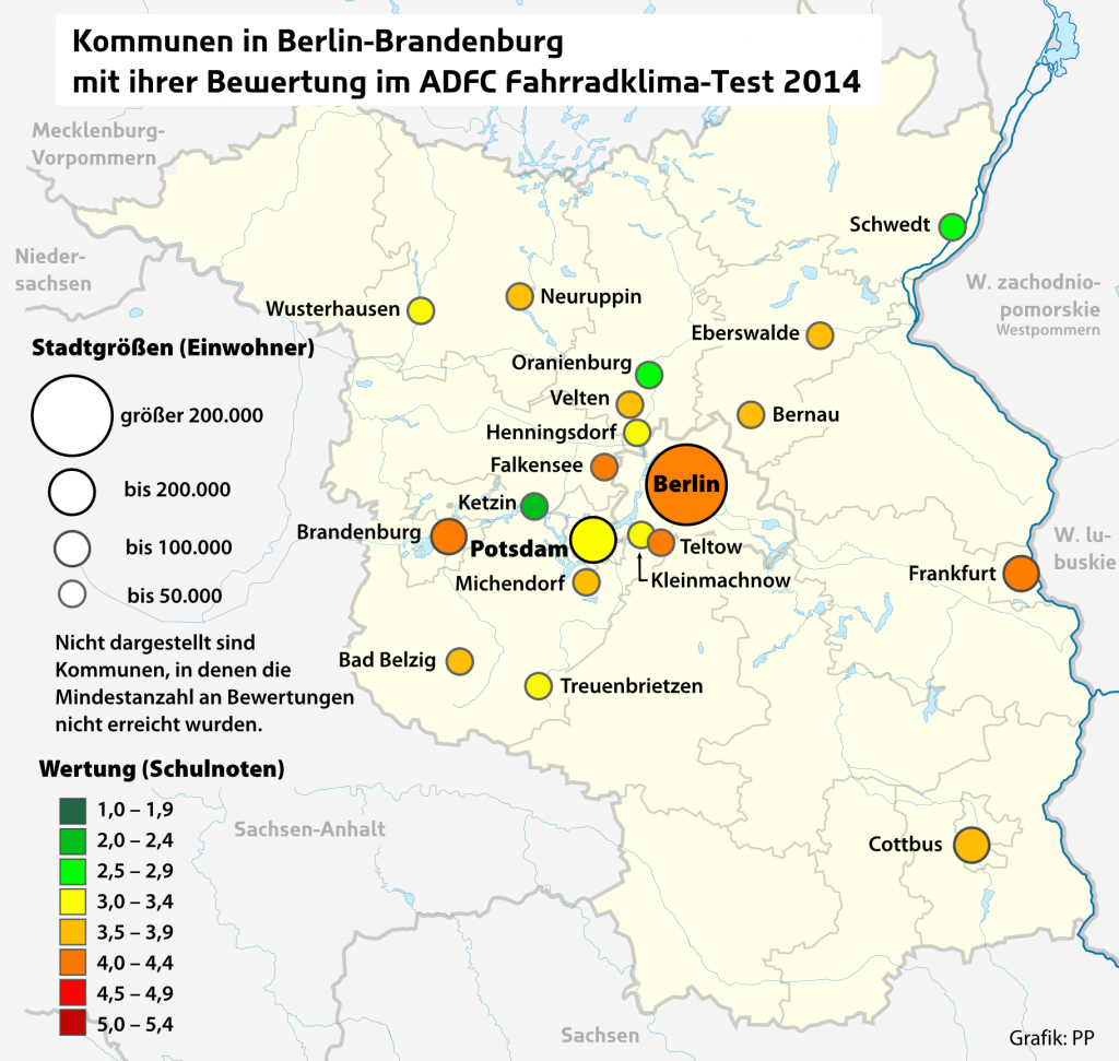 Kommunen in Berlin-Brandenburgmit ihrer Bewertung im ADFC-Fahrradklima-Test 2014